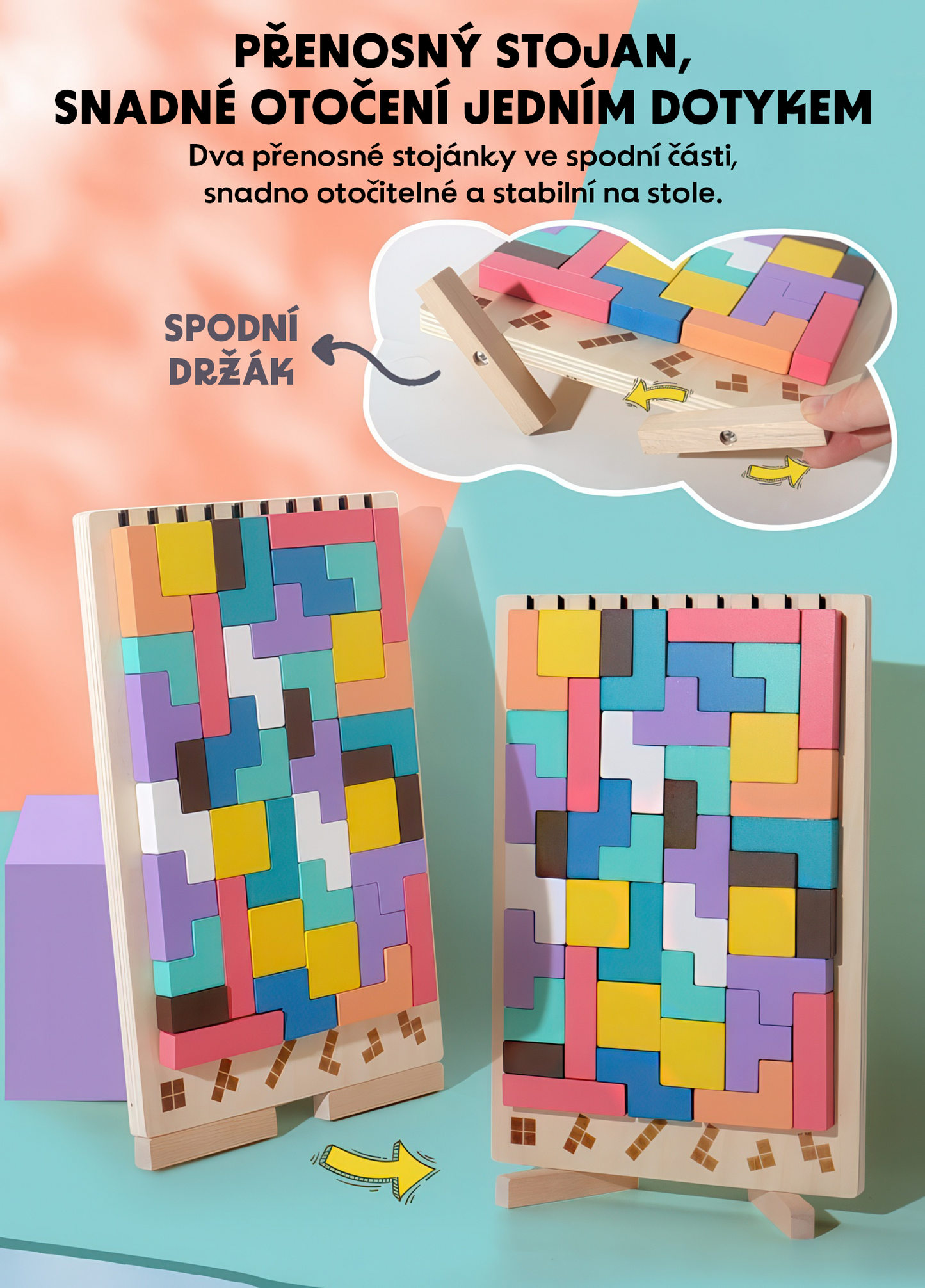 Barevné dřevěné kostky – trénink logiky a rovnováhy na otočném stojanu. Vzdělávací hračka podporující kreativitu a koordinaci pro děti.