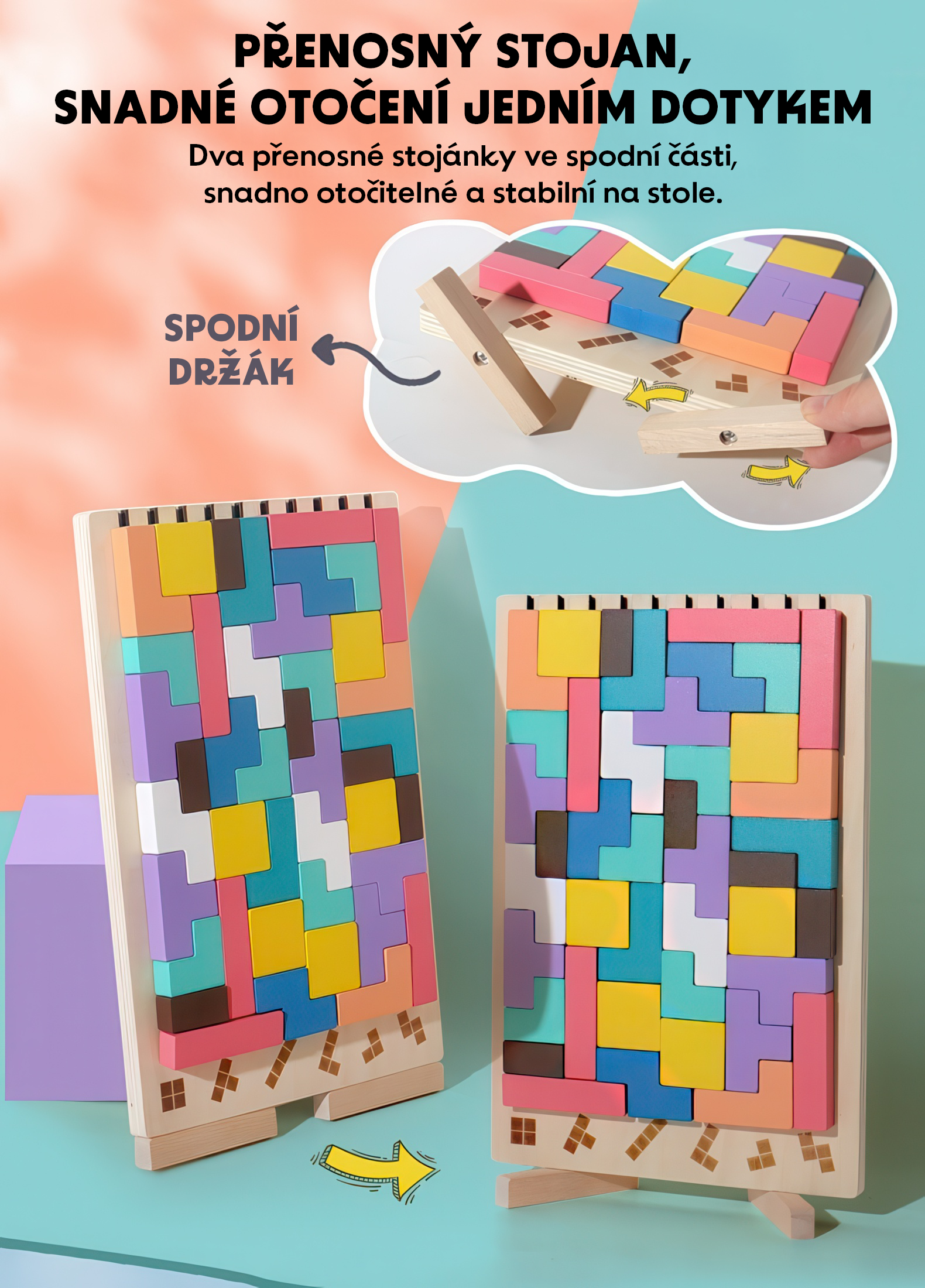 Barevné dřevěné kostky – trénink logiky a rovnováhy na otočném stojanu. Vzdělávací hračka podporující kreativitu a koordinaci pro děti.