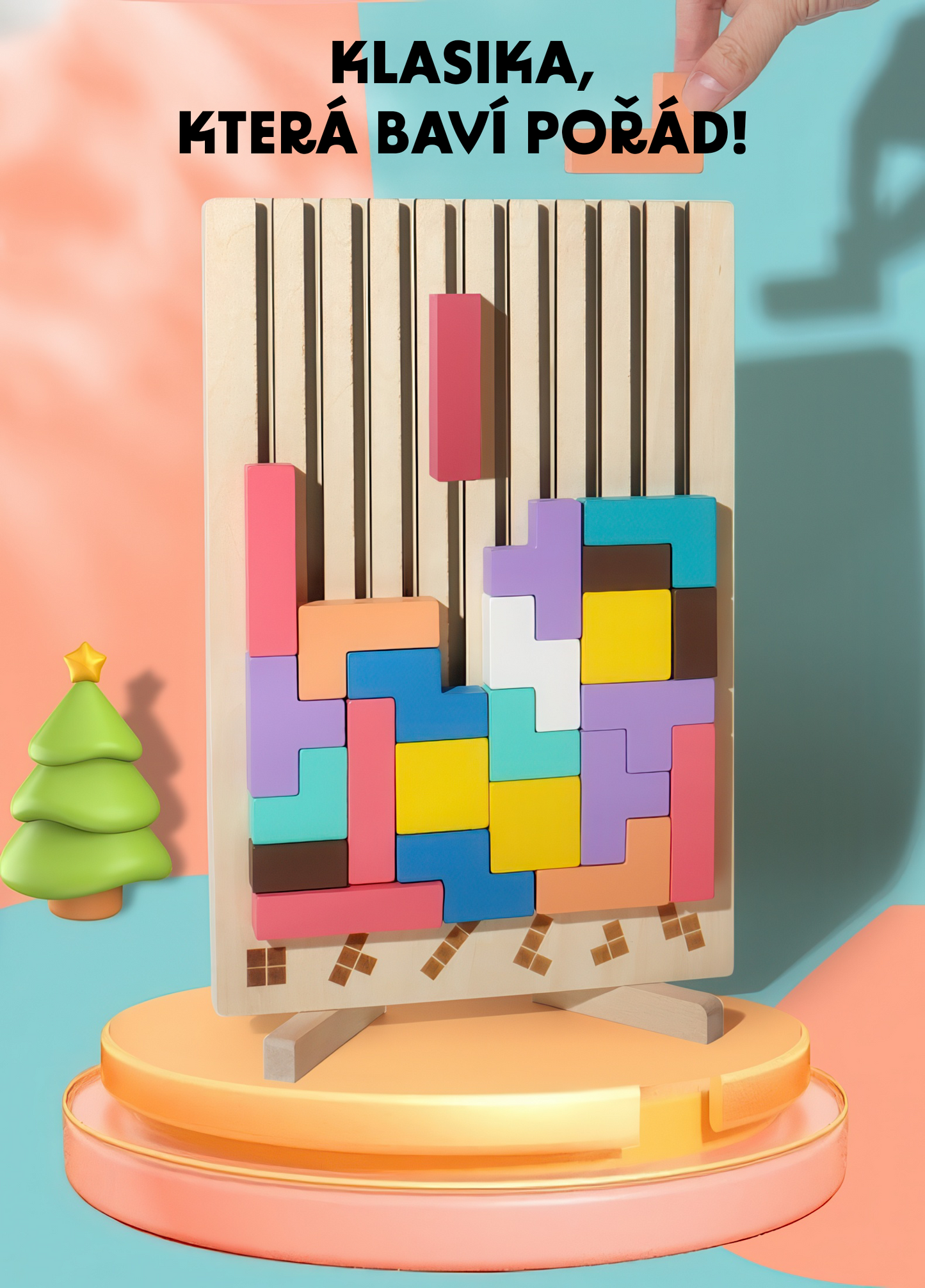 Barevné dřevěné kostky – trénink logiky a rovnováhy pro děti s vertikální deskou a různými tvary bloků. Edukativní hračka podporující kreativitu a soustředění.