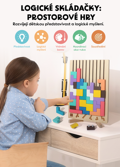 Child playing with colorful building blocks on a table, with text about cognitive development and educational games.