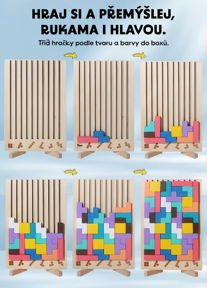 Barevné dřevěné kostky – trénink logiky a rovnováhy pro děti, třídění tvarů a barev do dřevěné desky. Edukativní hračka pro rozvoj motoriky.
