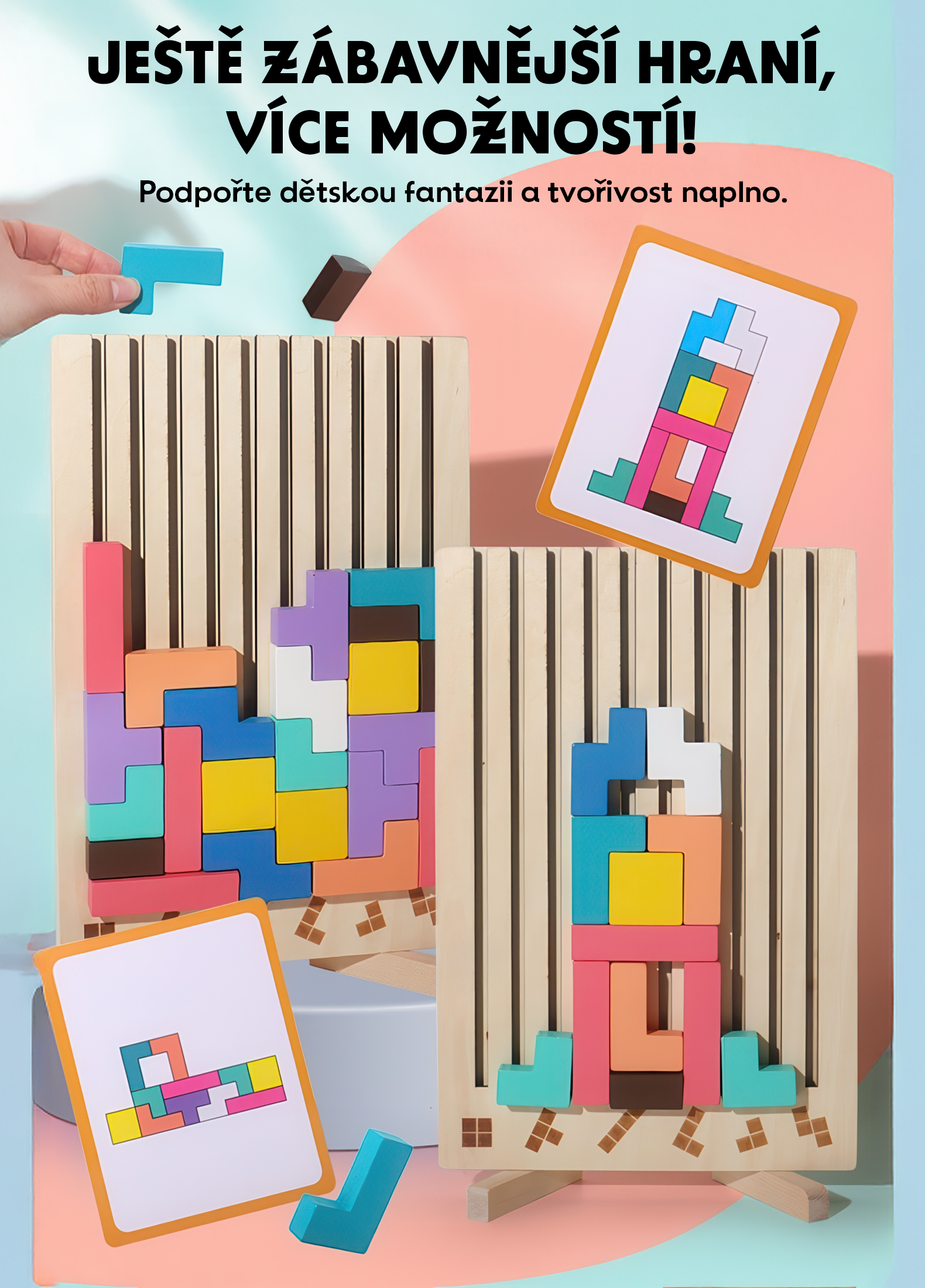 Barevné dřevěné kostky – trénink logiky a rovnováhy na vertikální desce s kartičkami vzorů. Podporují dětskou kreativitu a soustředění.