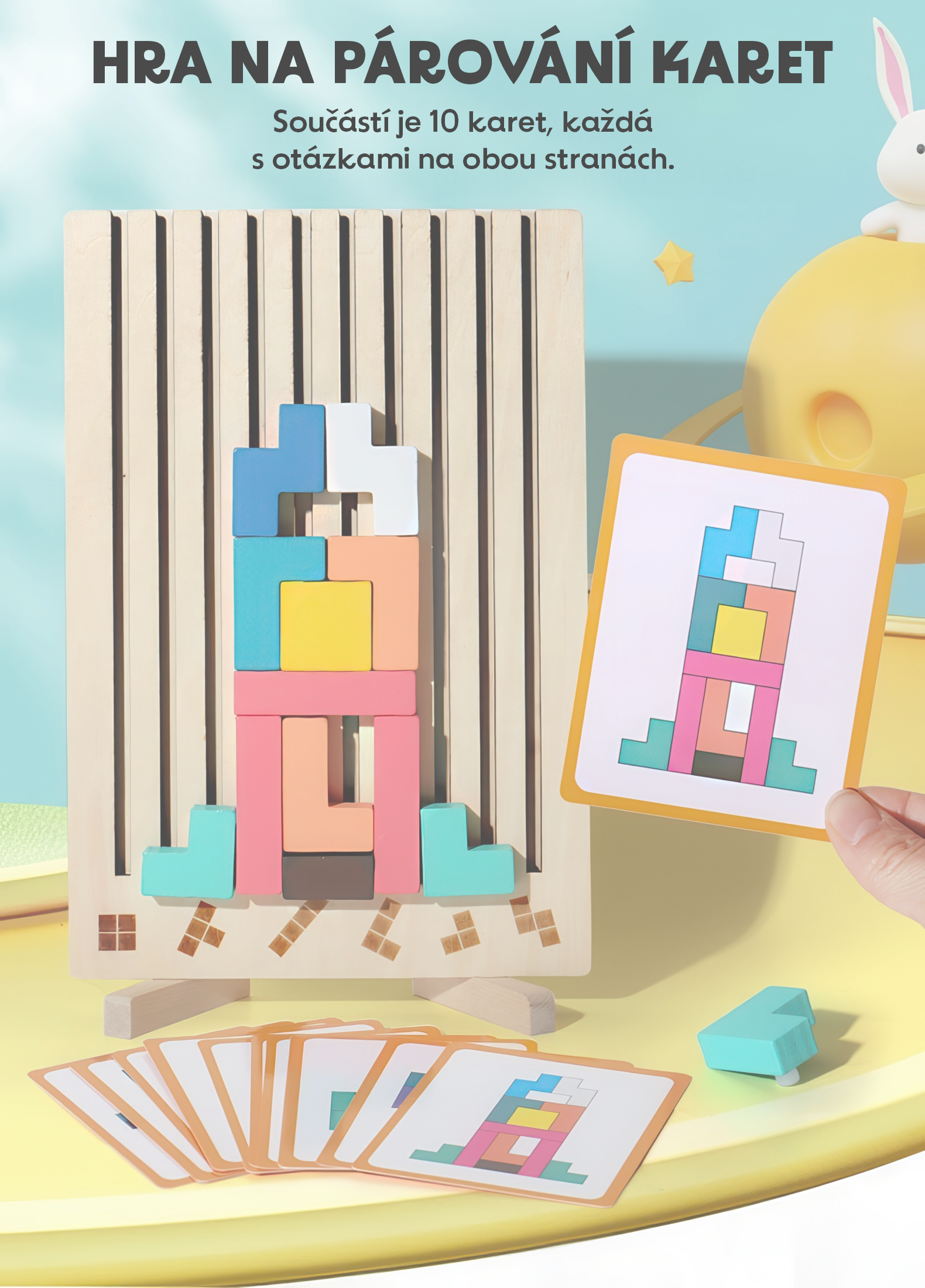 Barevné dřevěné kostky – trénink logiky a rovnováhy s kartami pro párování tvarů. Edukativní hračka pro děti podporující kreativitu a soustředění.