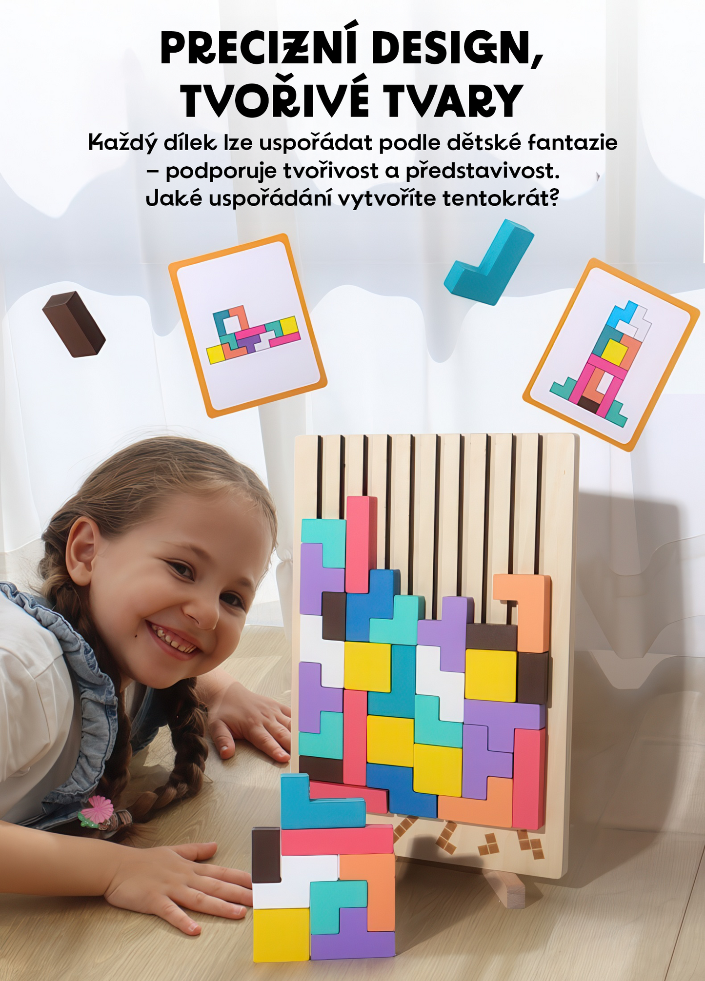 Barevné dřevěné kostky – trénink logiky a rovnováhy pro děti s kreativními tvary na dřevěné desce. Podporují představivost a soustředění.