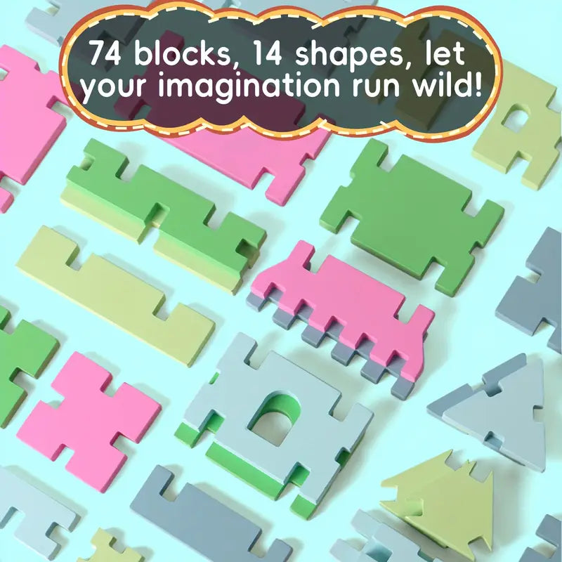 🌟 Dřevěná Skládačka Tvarů &amp; Bloků – Barevná Montessori Hračka 74dílná