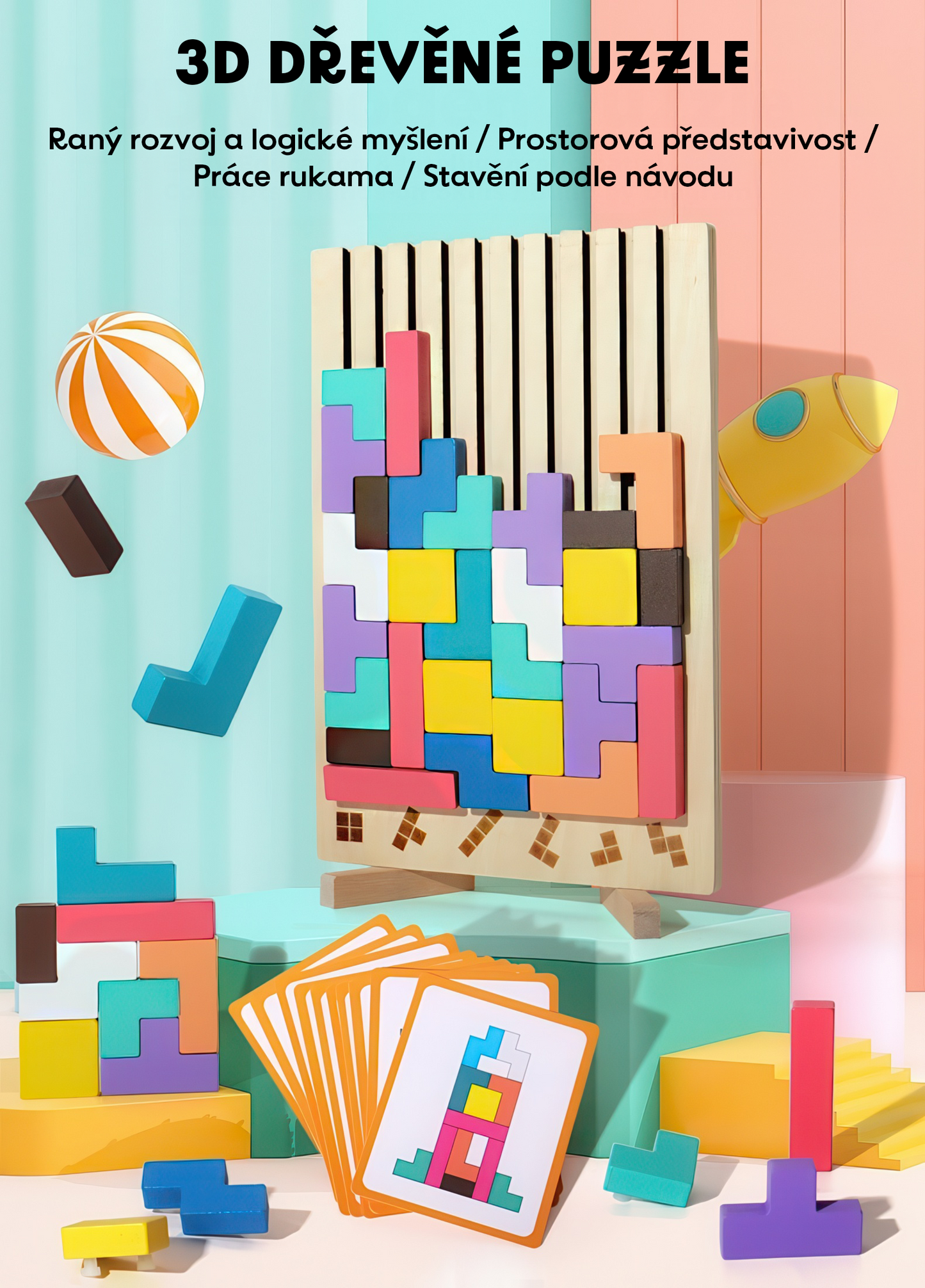 Barevné dřevěné kostky – trénink logiky a rovnováhy pro děti s 3D puzzle deskou a kartičkami. Podporují prostorovou představivost a motoriku.