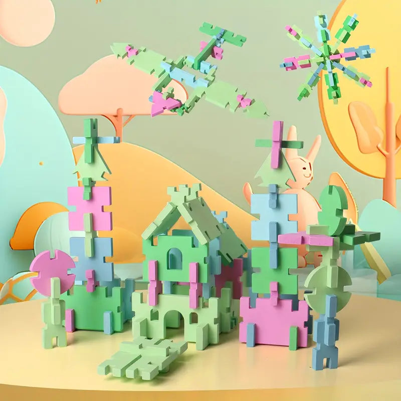 🌟 Dřevěná Skládačka Tvarů &amp; Bloků – Barevná Montessori Hračka 74dílná