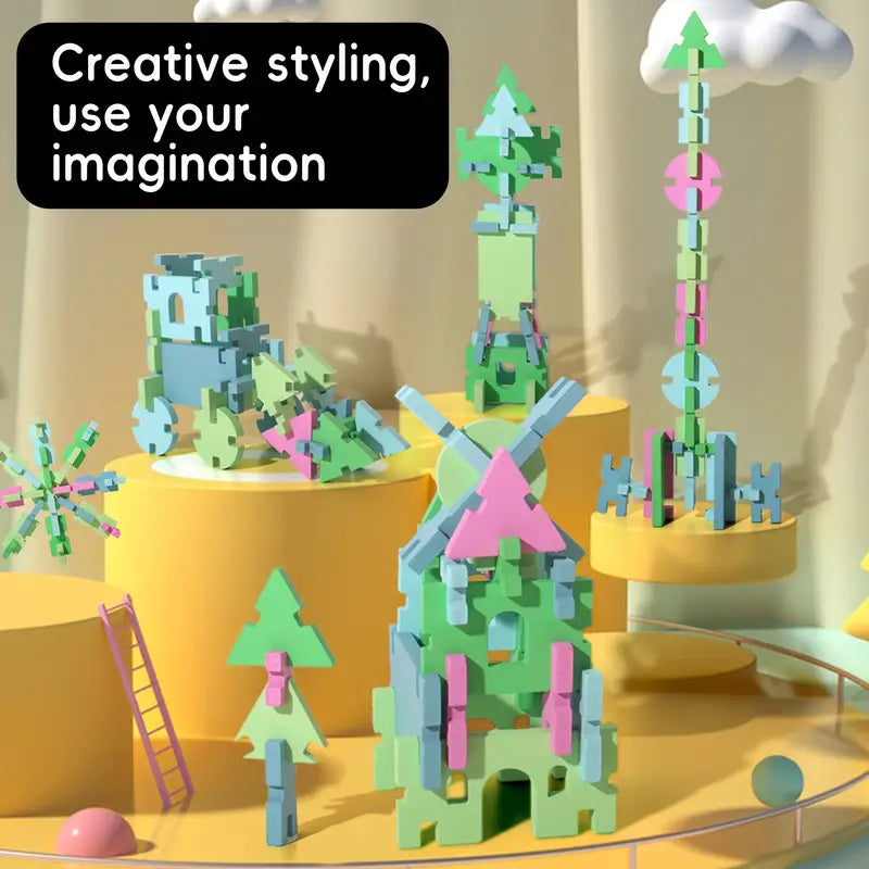 🌟 Dřevěná Skládačka Tvarů &amp; Bloků – Barevná Montessori Hračka 74dílná