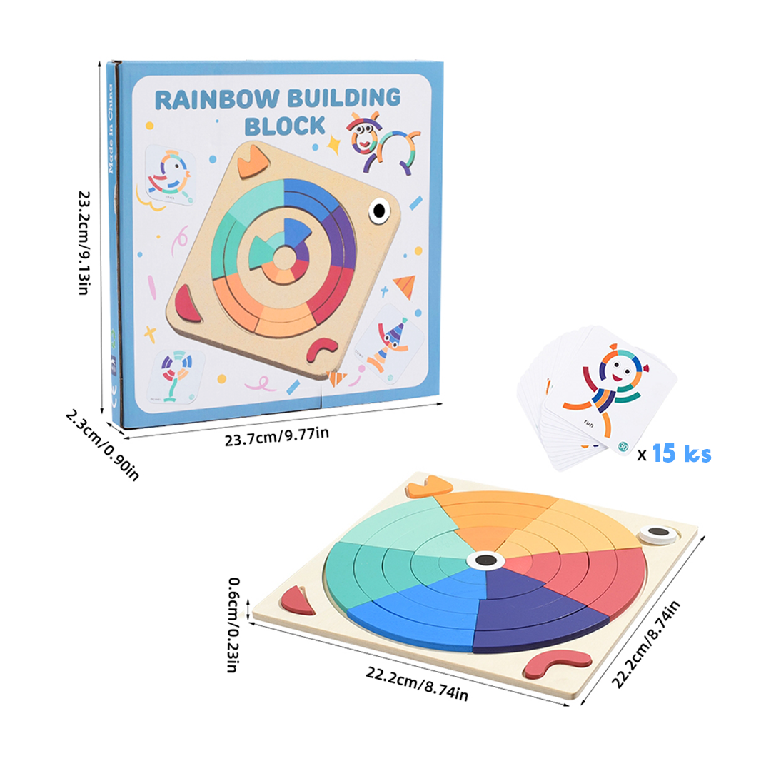 🌈 Drevené Farebné Bloky &amp; Puzzle Set – Kreativní Rainbow Stavebnice s 15 Kartami