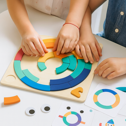 🌈 Drevené Farebné Bloky &amp; Puzzle Set – Kreativní Rainbow Stavebnice s 15 Kartami