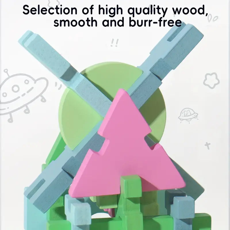 🌟 Dřevěná Skládačka Tvarů &amp; Bloků – Barevná Montessori Hračka 74dílná
