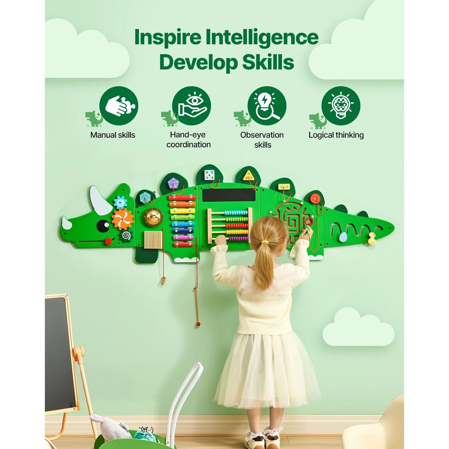 Dinosauří nástěnná deska – 11 aktivit – Montessori učicí panel