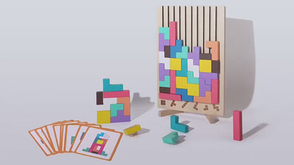 Barevné dřevěné kostky – trénink logiky a rovnováhy pro děti s vertikální deskou a kartami úloh. Edukativní hračka pro rozvoj kreativity a koordinace.